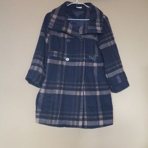 Navy and Tan Plaid Peacoat with hood